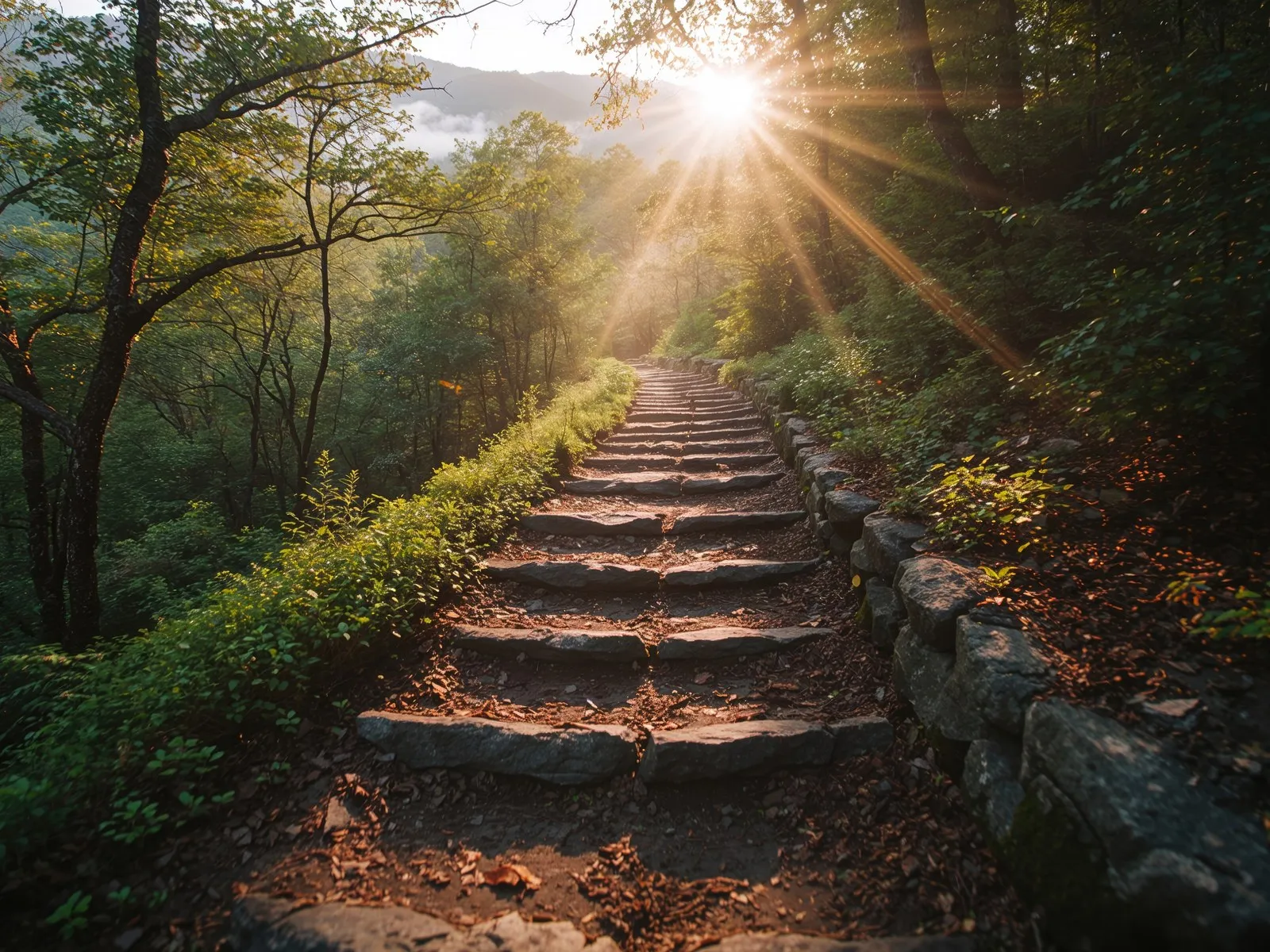 Stone steps ascending through the forest on the Mount Pisgah Trail with sunlight breaking through the canopy