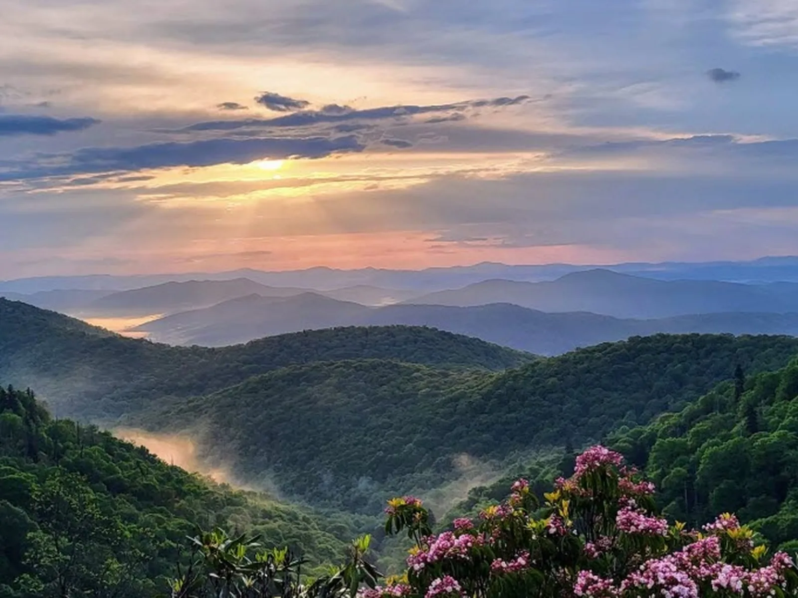 Quiet, long-range view from the East Fork Overlook above the East Fork of the Pigeon River