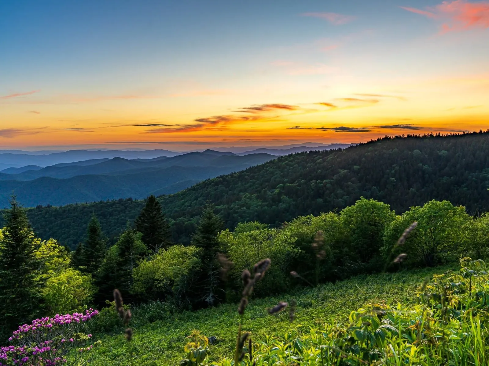 Layered mountain ridges fading into the distance at sunset from Cowee Mountain Overlook on the Blue Ridge Parkway