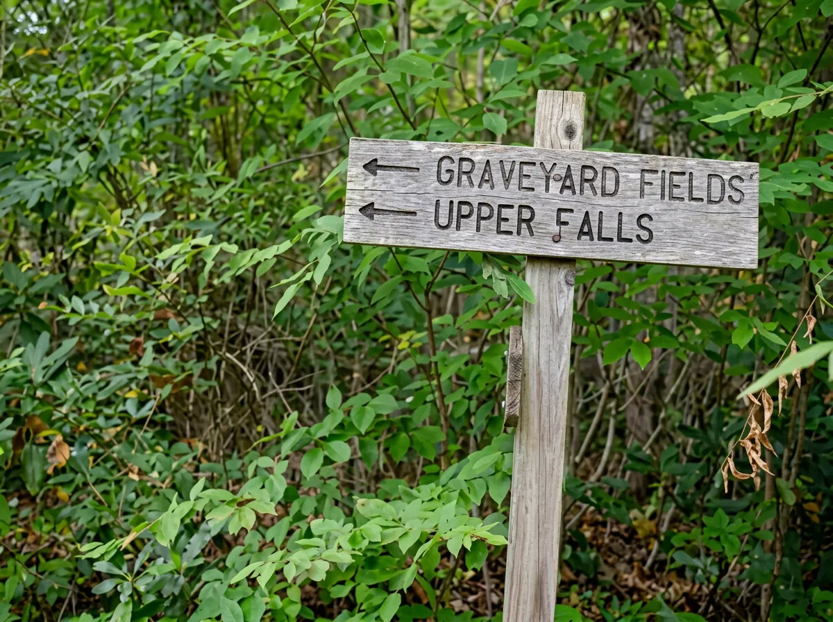 Wooden trailhead sign pointing to Graveyard Fields and Upper Falls