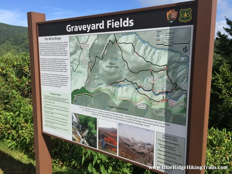 Graveyard Fields interpretive signboard along the Blue Ridge Parkway showing the trail map and area information