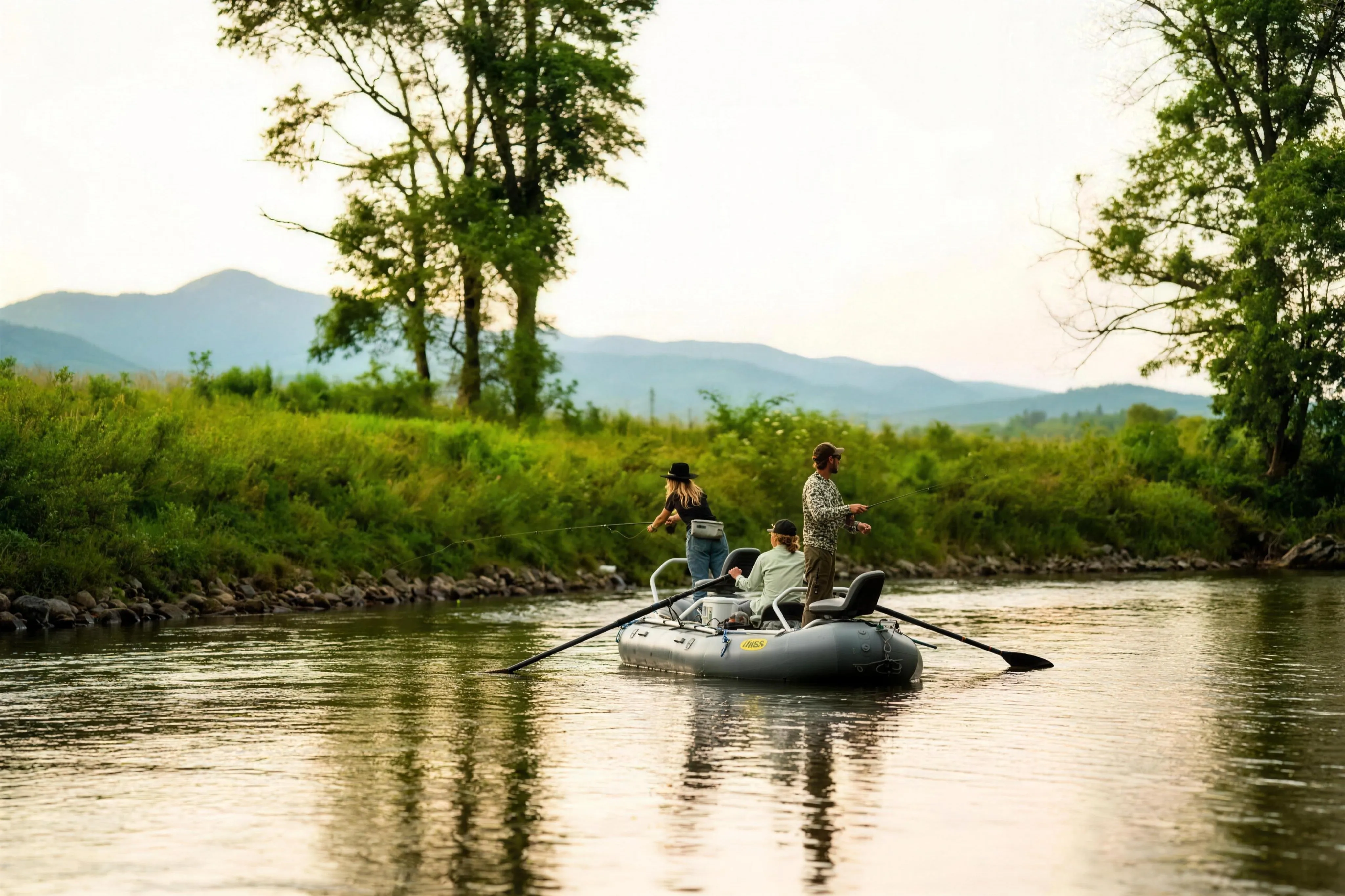 Three anglers fishing from an NRS drift boat on a calm stretch of the French Broad River, with green banks and Blue Ridge mountains in the background