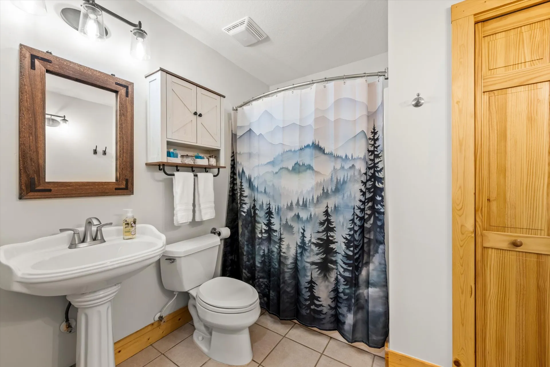 Lower level full bathroom with pedestal sink, framed mirror, and a misty Blue Ridge mountain shower curtain